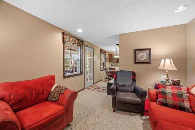 carpeted living room with a textured ceiling