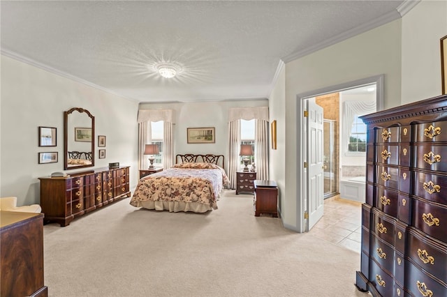 carpeted bedroom featuring a textured ceiling, ensuite bathroom, multiple windows, and ornamental molding