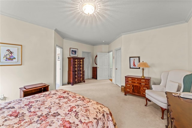 carpeted bedroom with crown molding