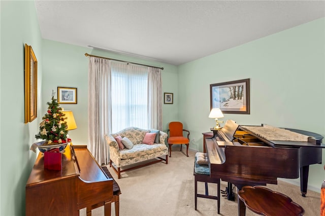 sitting room featuring light carpet