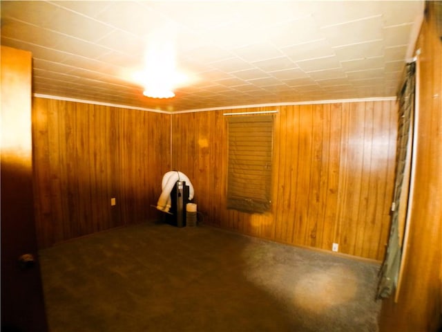 empty room with wood walls and carpet floors