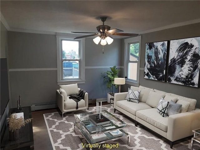 living room with dark wood-type flooring, a baseboard radiator, ceiling fan, and ornamental molding