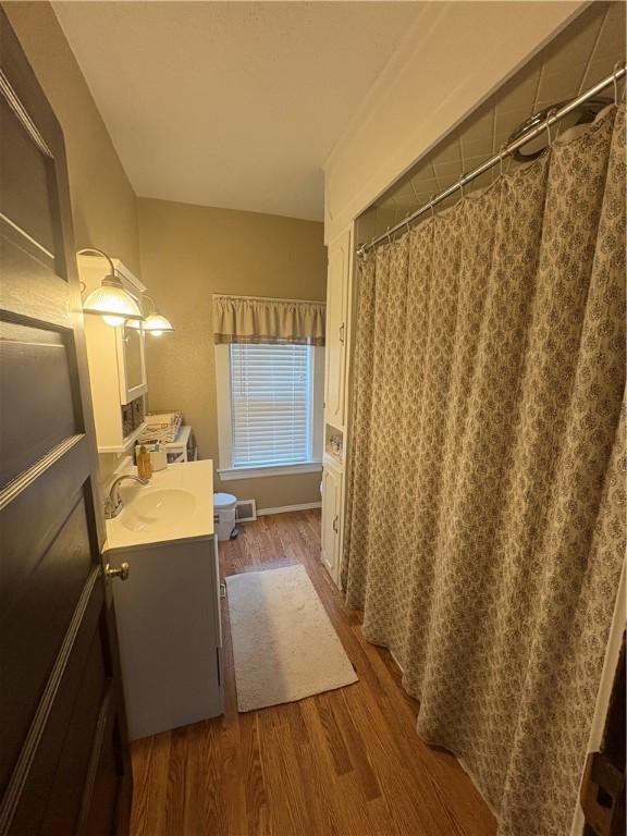 bathroom with hardwood / wood-style floors and vanity