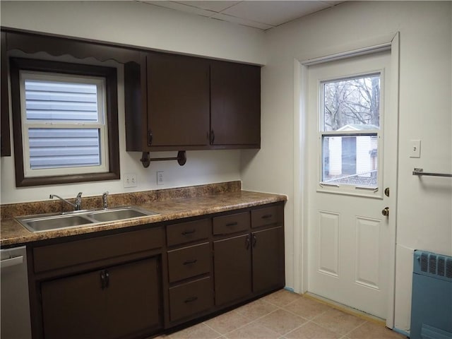 kitchen with dark brown cabinetry, stainless steel dishwasher, and sink