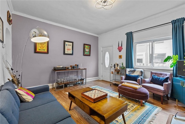 living room featuring crown molding and wood-type flooring