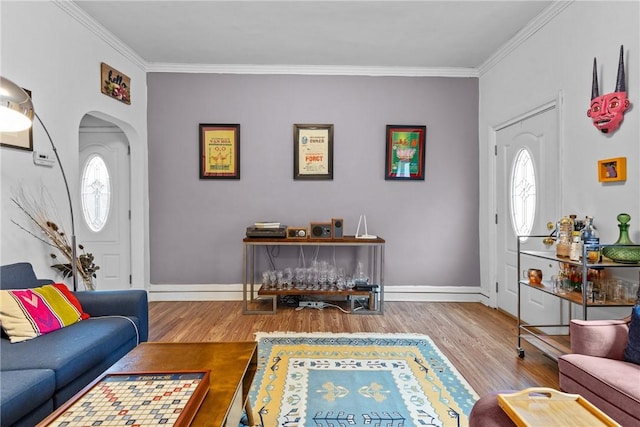 living room featuring light hardwood / wood-style floors and ornamental molding