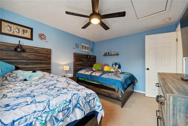 carpeted bedroom featuring ceiling fan