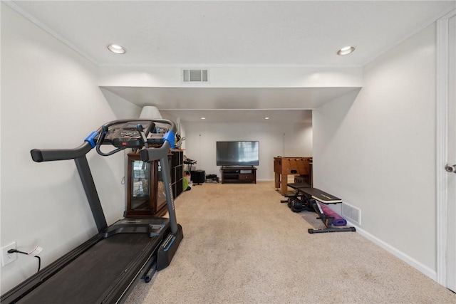 workout room featuring carpet