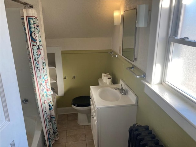 full bathroom featuring vanity, radiator, tile patterned floors, toilet, and shower / bathtub combination with curtain