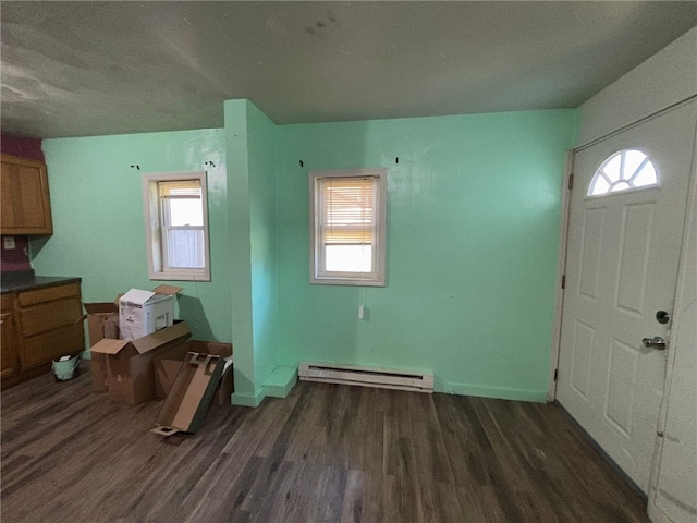 entryway featuring dark wood-type flooring, plenty of natural light, and a baseboard radiator