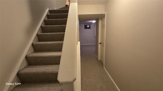 staircase featuring carpet