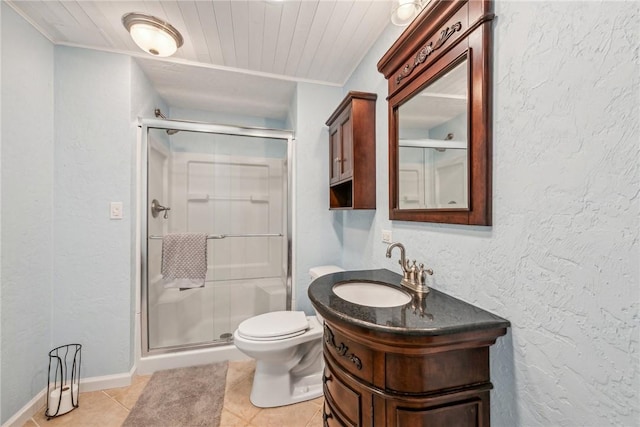 bathroom with vanity, a shower with door, crown molding, wooden ceiling, and tile patterned flooring