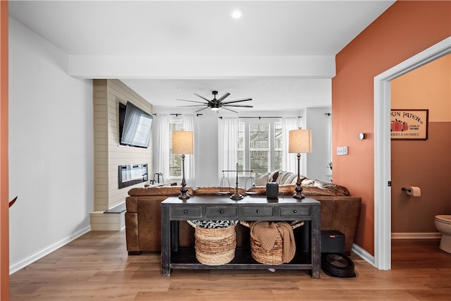 living room featuring a fireplace, light hardwood / wood-style floors, and ceiling fan