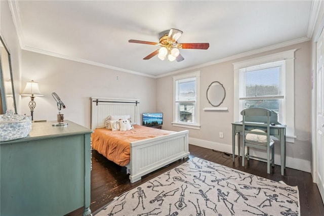 bedroom with dark hardwood / wood-style flooring, ceiling fan, and crown molding