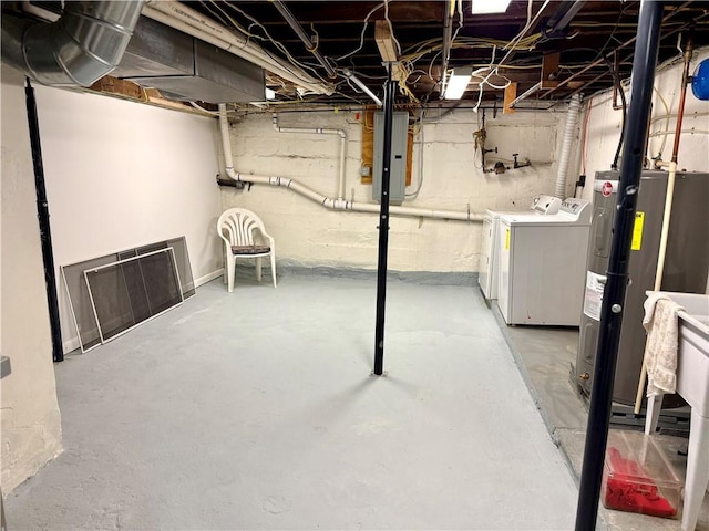 basement featuring electric panel, electric water heater, and independent washer and dryer