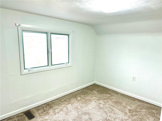 carpeted empty room with lofted ceiling and a textured ceiling