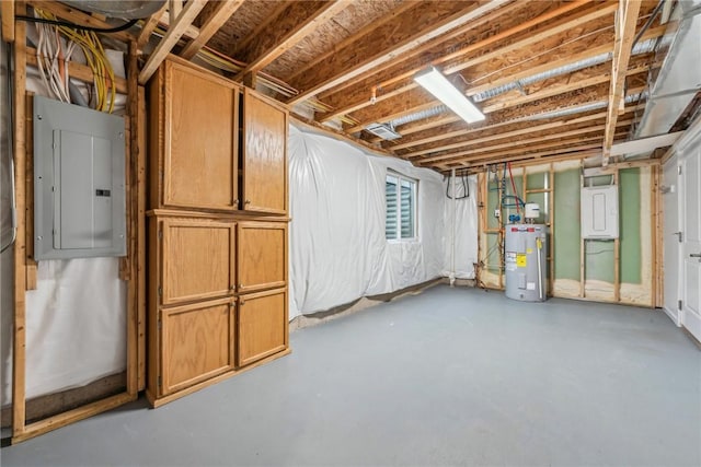 basement with electric water heater and electric panel