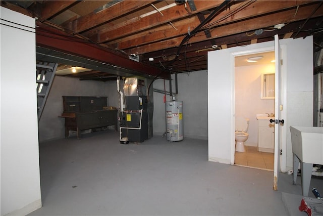 basement with heating unit and water heater