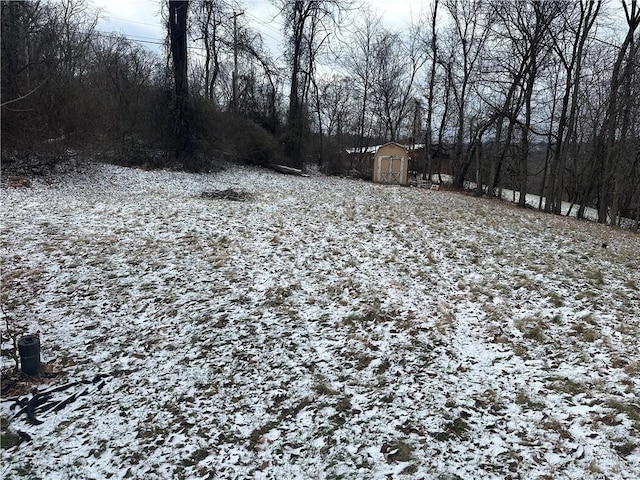 snowy yard featuring a storage unit