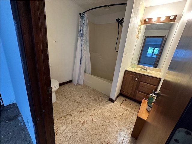 full bathroom with shower / bath combo, vanity, and toilet