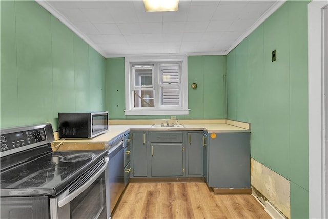 kitchen with crown molding, light wood-type flooring, sink, and appliances with stainless steel finishes