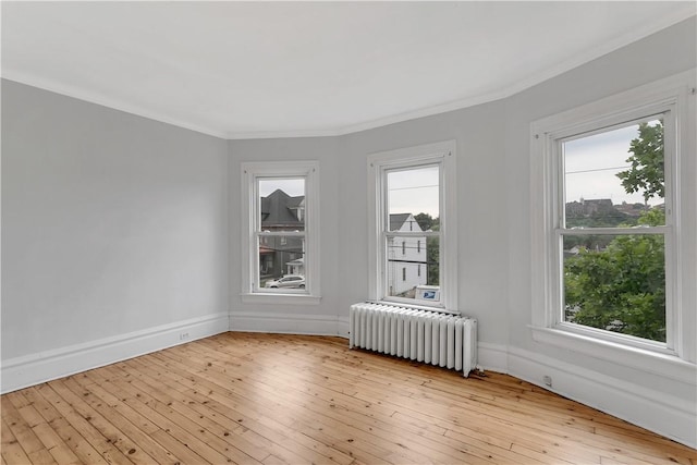 empty room featuring a wealth of natural light, radiator, and light hardwood / wood-style flooring