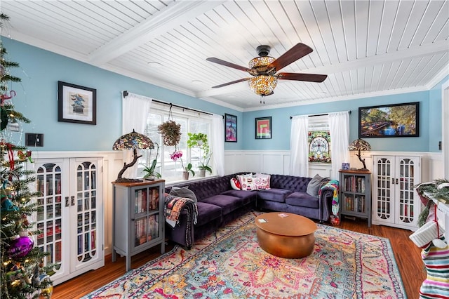 living room with ceiling fan, french doors, wood-type flooring, and plenty of natural light