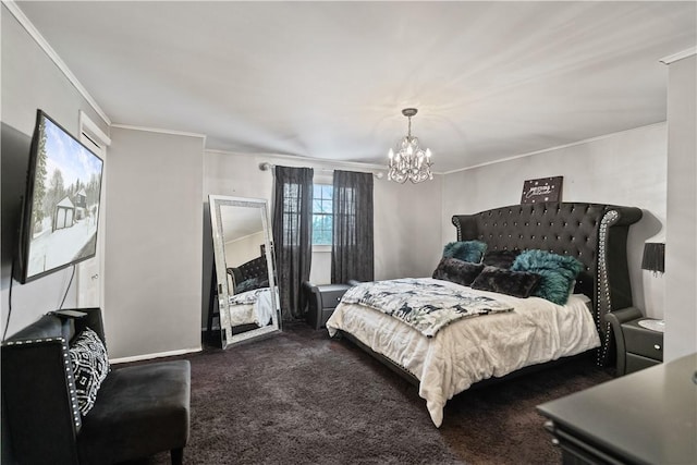 bedroom featuring dark colored carpet, ornamental molding, and a notable chandelier