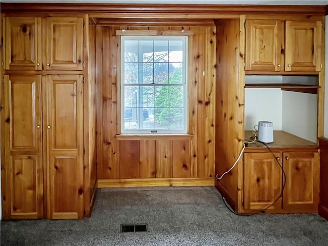 doorway to outside with dark carpet and wooden walls