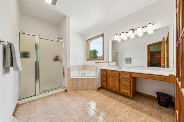 bathroom with separate shower and tub, tile patterned flooring, and vanity