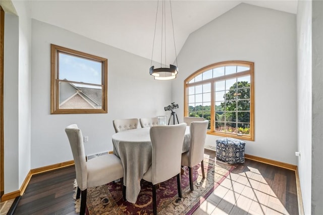 dining space featuring dark hardwood / wood-style floors and vaulted ceiling