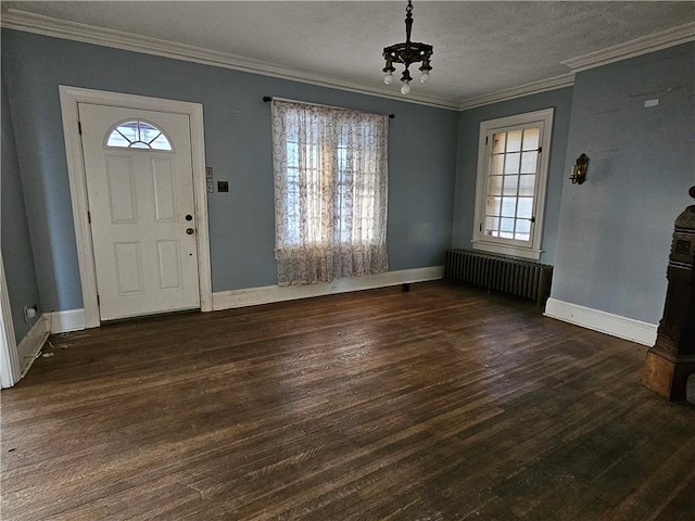 entryway with dark hardwood / wood-style flooring, radiator heating unit, a textured ceiling, and ornamental molding