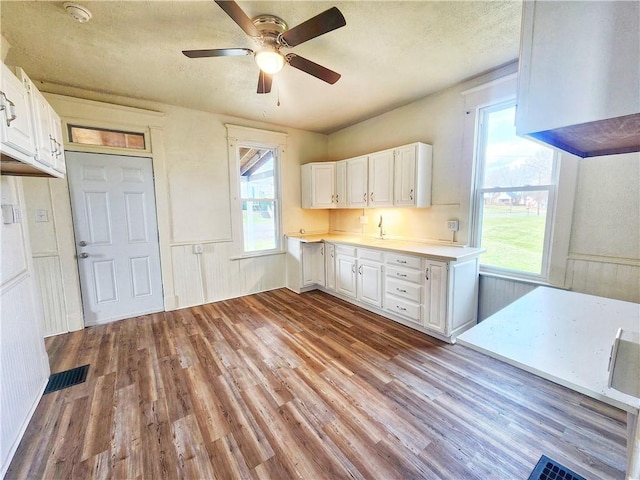 kitchen featuring white cabinets, light wood-type flooring, and ceiling fan