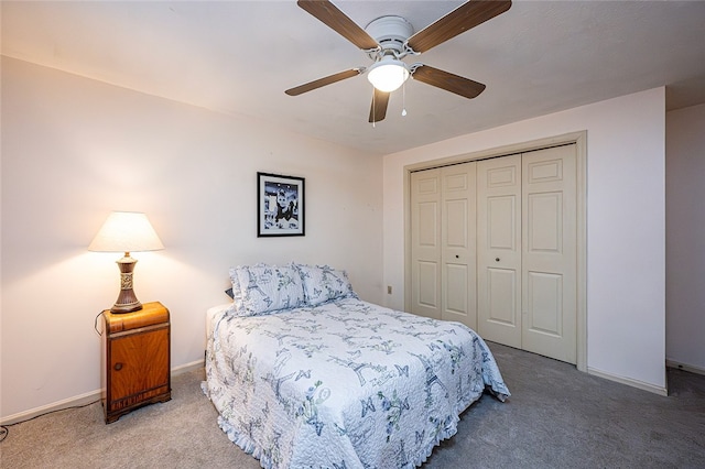 bedroom featuring carpet, ceiling fan, and a closet