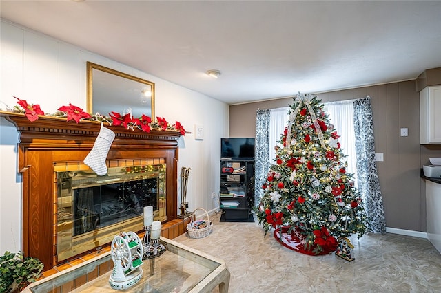 living room with a fireplace