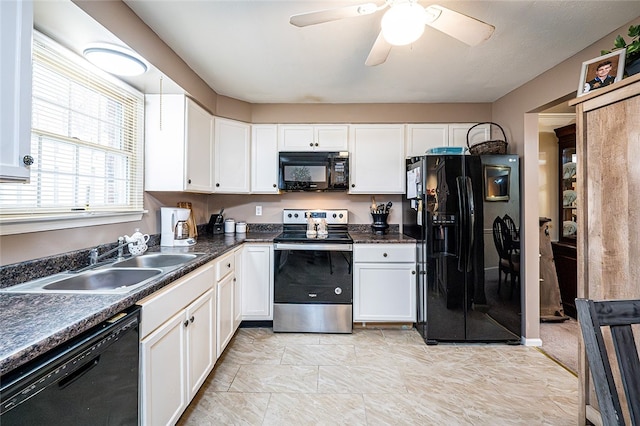 kitchen featuring black appliances, ceiling fan, white cabinetry, and sink