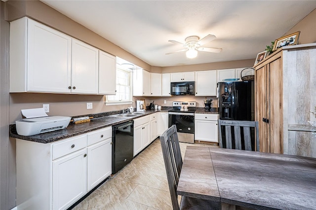 kitchen with sink, white cabinetry, ceiling fan, and black appliances