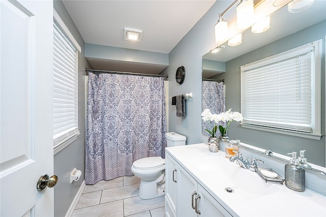 bathroom featuring tile patterned flooring, vanity, toilet, and plenty of natural light