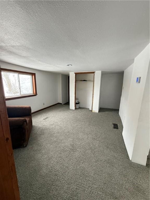 basement with carpet and a textured ceiling