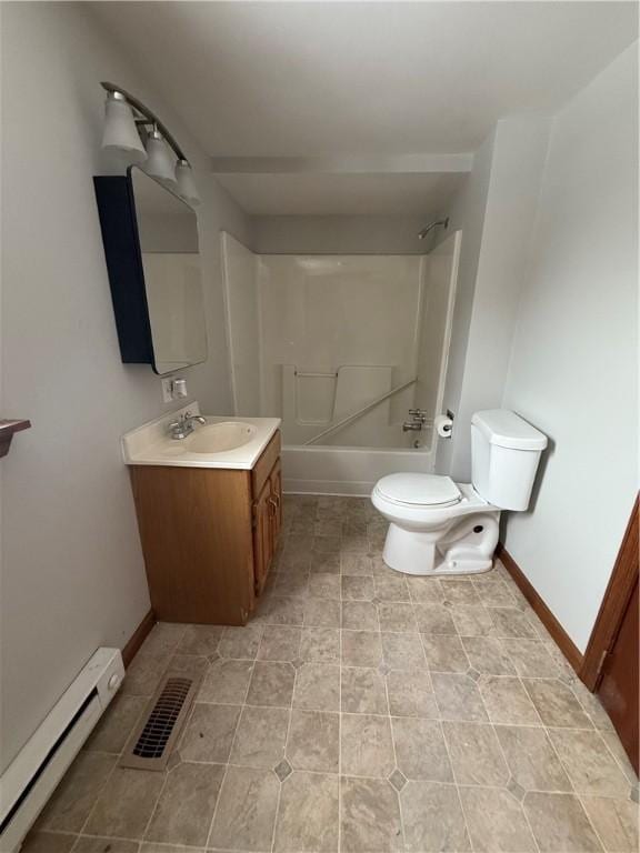 full bathroom featuring toilet, vanity, shower / bath combination, and a baseboard heating unit