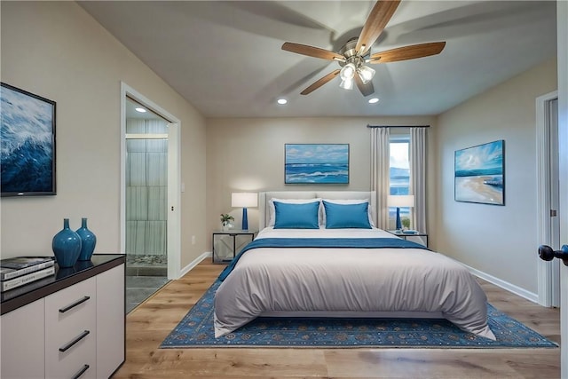 bedroom featuring ceiling fan and light hardwood / wood-style floors