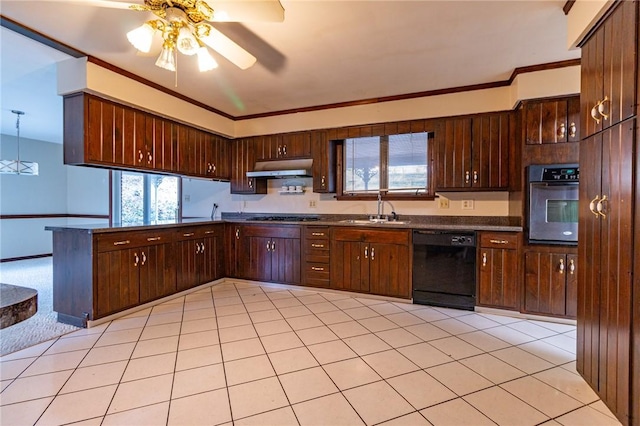 kitchen with dark brown cabinetry, ceiling fan, sink, black dishwasher, and wall oven