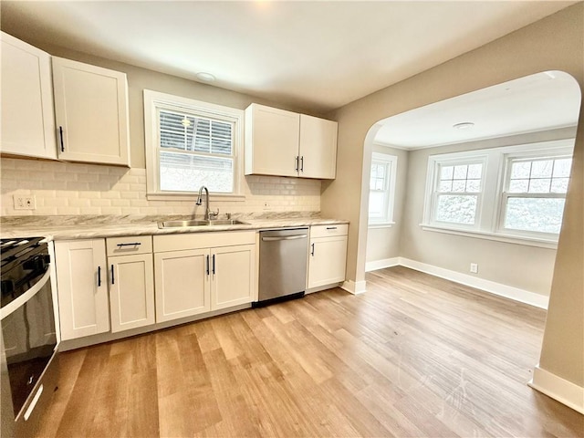 kitchen with backsplash, white cabinets, black range with electric cooktop, sink, and dishwasher