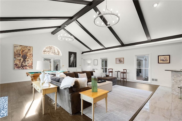 living room with beam ceiling, high vaulted ceiling, and pool table