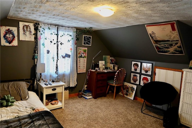 bedroom with carpet floors, a textured ceiling, and vaulted ceiling