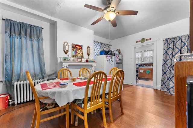 dining space with radiator heating unit, ceiling fan, and hardwood / wood-style floors