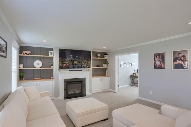 living room with light colored carpet and ornamental molding