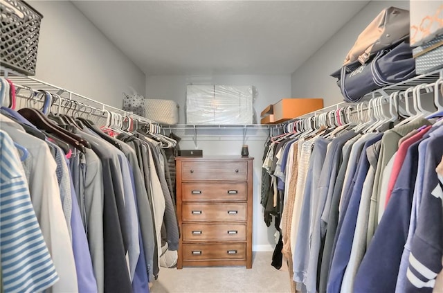 walk in closet featuring light colored carpet