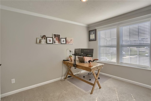 office area with crown molding, carpet, and a healthy amount of sunlight