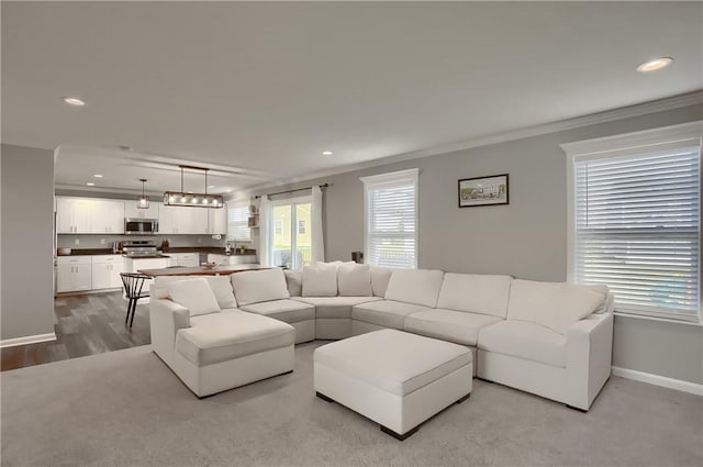 living room with light colored carpet and ornamental molding